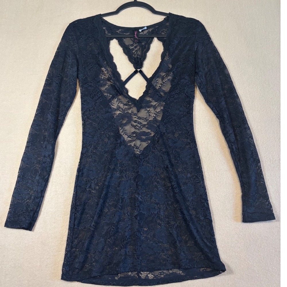 Dreamgirl Black Sheer Floral Lace Mini Dress Long Sleeve Open Back Small 11232